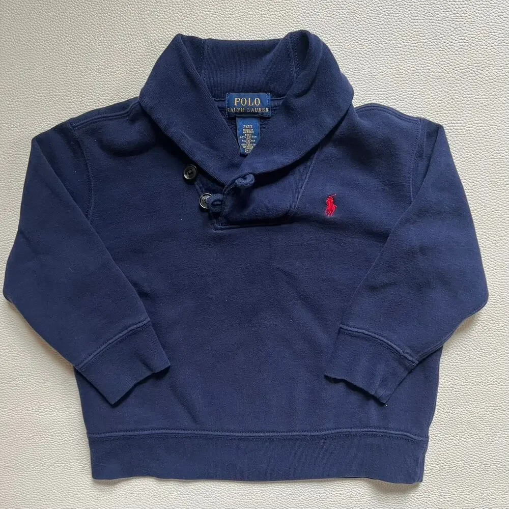 Polo Ralph Lauren Boys 2T Navy Shawl Collar Sweatshirt Red Pony Pullover
